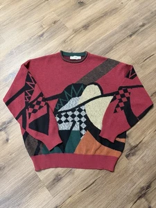 Vintage ST CROIX Crewneck WOOL Cotton Blend Sweater Men Medium Red Abstract - Picture 1 of 11