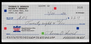 TOMMY HENRICH SIGNED PERSONAL 1990 CHECK NEW YORK YANKEES AUTOGRAPHED BASEBALL - Picture 1 of 1