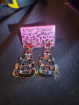Betsey Johnson Black Cat Enamel Christmas Tree Earrings Multi Color Crystals - Image 1 of 4