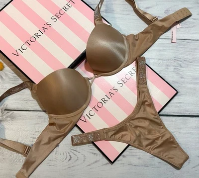 Victoria's Secret Shine Strap Bombshell +2 cups Push Up Bra Thong Set Beige - Image 1 of 4