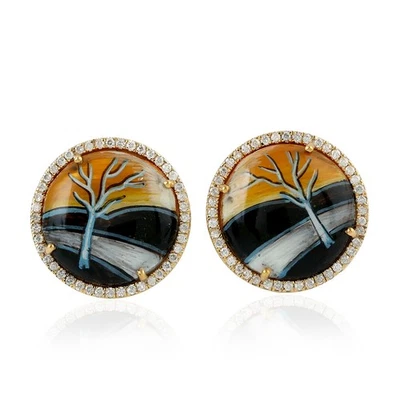 Серьги-гвоздики из 18-каратного желтого золота с эмалью из натурального жемчуга распродажа черная пятница - Изображение 1 из 4