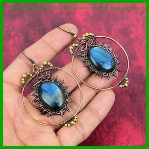 Oval Labradorite Stone Dangle Drop Engagement Wire Wrapped Hook Earrings Copper - Picture 1 of 6