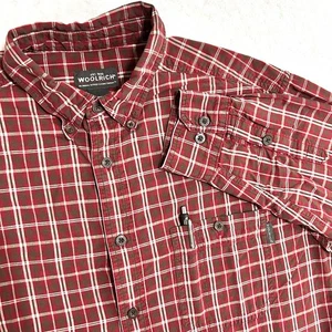 Woolrich Camicia Uomo L Rosso Rubino Country Plaid Bottoni Manica Lunga Tasca - Foto 1 di 10