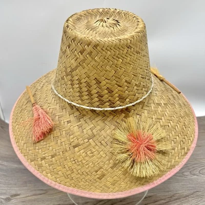 Sombrero de paja tejido a mano tostado de colección años 50 para mujer sombrero de playa extra alto con detalles de habitación Foto 1 de 4