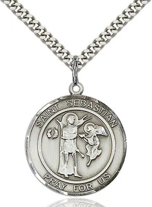 Pewter Saint Sebastian Althletes Patron Medal Pendant Necklace 24" Chain GiftBox - Picture 1 of 3