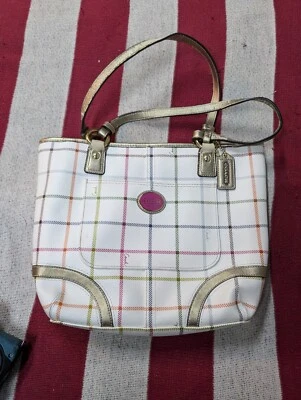 Bolso de hombro Coach F19174 Heritage Tattersall Signature blanco roto Foto 1 de 4