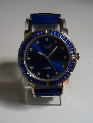 Men Techno Pave Gold & Blue Silicon Band Fashion Party Hip Hop Stone Watch - Image 1 of 4