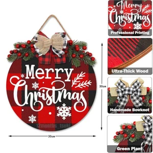 Merry Christmas Door Sign Decor Xmas Christmas Door Decoration Wood Round Hanger - Picture 1 of 13