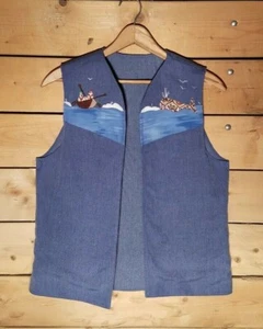 Vtg Viking Norwegian Vest Boat Patchwork Embroidered Jean Denim Sz M Swanky Barn - Picture 1 of 12