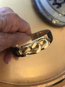Vintage 24k Gold Plated Black Leather Bangle Bracelets Florence Italy - Picture 1 of 9