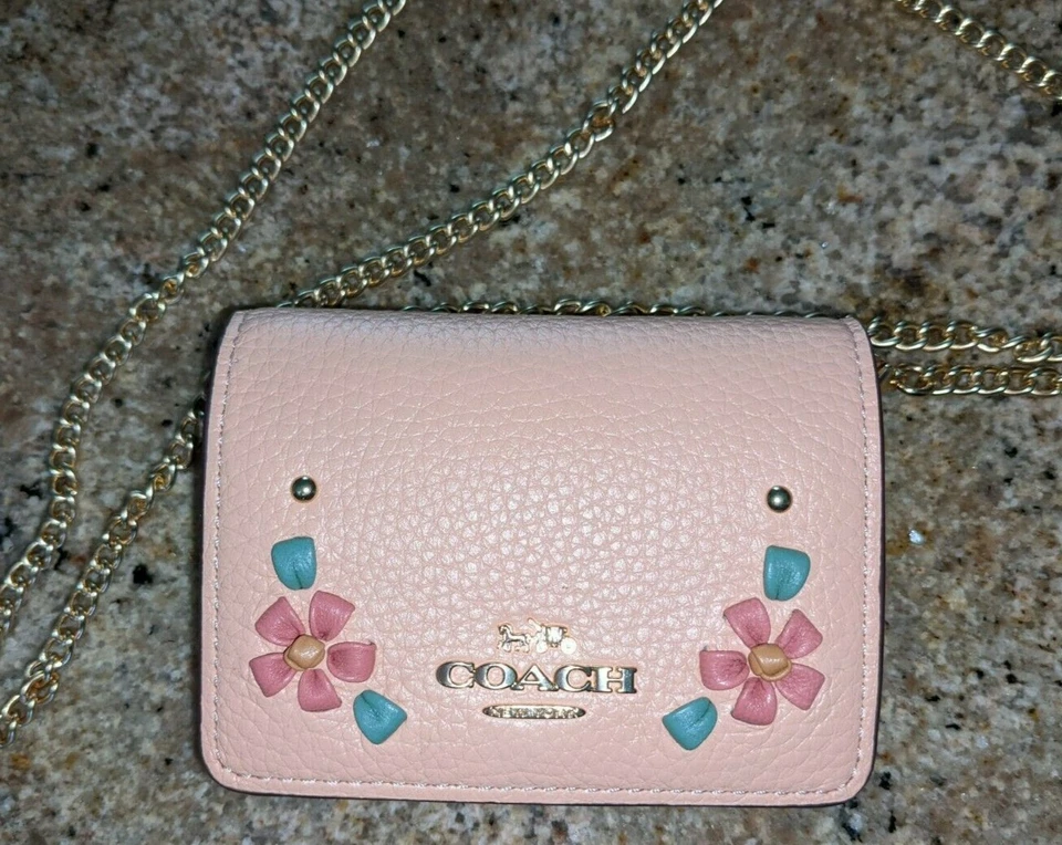 Coach Mini Wallet On A Chain With Floral Whipstitch in Faded Blush CA024