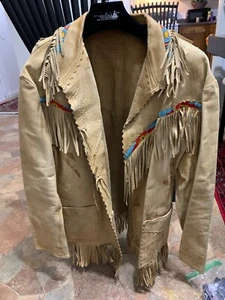 Vintage Native American leather fringe jacket with ripped top Right shoulder M - Picture 1 of 18