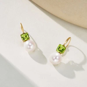 9ct Gold 6x6mm Square Peridot and Pearls Earrings 30mm - Picture 1 of 6