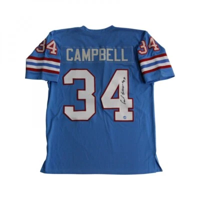 Camiseta deportiva Earl Campbell firmada por Houston Oilers azul en polvo (Steiner) corredor HOF Foto 1 de 4