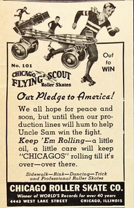 1942 Chicago Roller Skate Co Flying Scout Rolling Till Wars Over WWII Print Ad - Picture 1 of 6