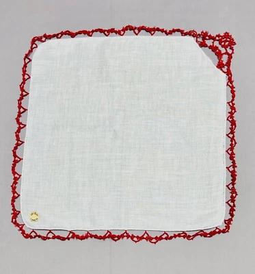 Unused White NOS Handkerchief w/ Label, "Irish Linen", Red Tatted Edges & Corner - Image 1 of 4