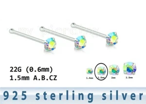 3pcs. 22G 2mm AB CZ Prong Set Nose Bone .925 Sterling Silver Nose Ring Stud - Picture 1 of 3