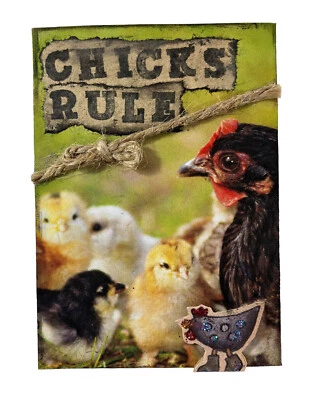 ACEO ATC Original Collage “Chicks Rule” Mixed Media Animal Series baby chickens - Image 1 of 4