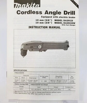 Makita Cordless Angle Drill Instruction Manual DA391D - Image 1 of 2