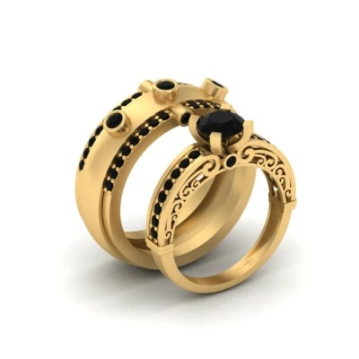 Комплект обручальных колец филигранных из черного оникса 1,65 карата для жениха и невесты - Изображение 1 из 4