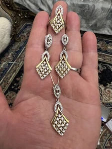 Massive Bicolor 925 Sterlingsilber Diamant Ohrringe Ring & Anhänger antik Still - Bild 1 von 7