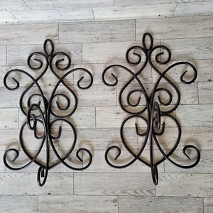 Wrought Iron 2 sconce Decor Rustic Swirl Scroll Wall Plant Holders Hooks Hanger - Picture 1 of 12