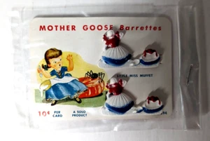 1950s Mother Goose Barrettes Little Miss Muffet SOLO Hair Clips w/ 10 cent Card - Picture 1 of 2