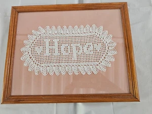 Framed Filet Hand Crocheted "HOPE" w/ Hearts 12" X 15" - Picture 1 of 8