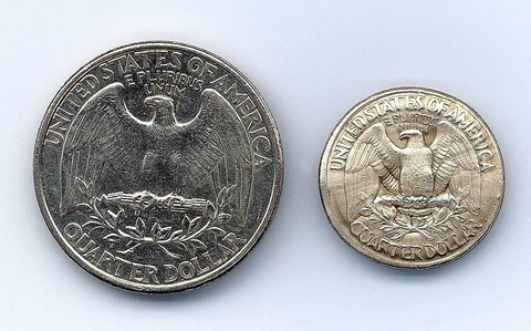 Pair of Uncir. 1996 -1998 Quarters -  One Magnetically SHRUNK, One Normal Size! Cover