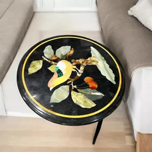 Mesa de centro de lujo de 24" con incrustaciones de mármol negro artesanal de marquetería floral Art Deco - Imagen 1 de 9