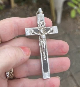 Vintage French cross Pectoral Bronze 2½” Crucifix Necklace Art Deco Pendant - Picture 1 of 10