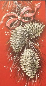 Vtg Christmas Greeting Card Beautiful Silver Glitter Pinecones Red Ribbon - Picture 1 of 3