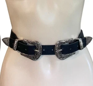Double Buckle PU Belt Wmn Sz Medium Silvertone Fit W82-89cm + Elastic Back Black - Picture 1 of 14
