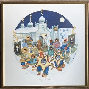 Barbara Lavallee 1992 signierter gerahmter Druck Lithographie Dorf Traditionen Alaskan - Bild 1 von 13