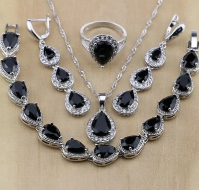 Natural Black Sapphir£ CZ Halo Teardrop Necklace, Earrings, Bracelet, Ring 8 Set - Image 1 of 4