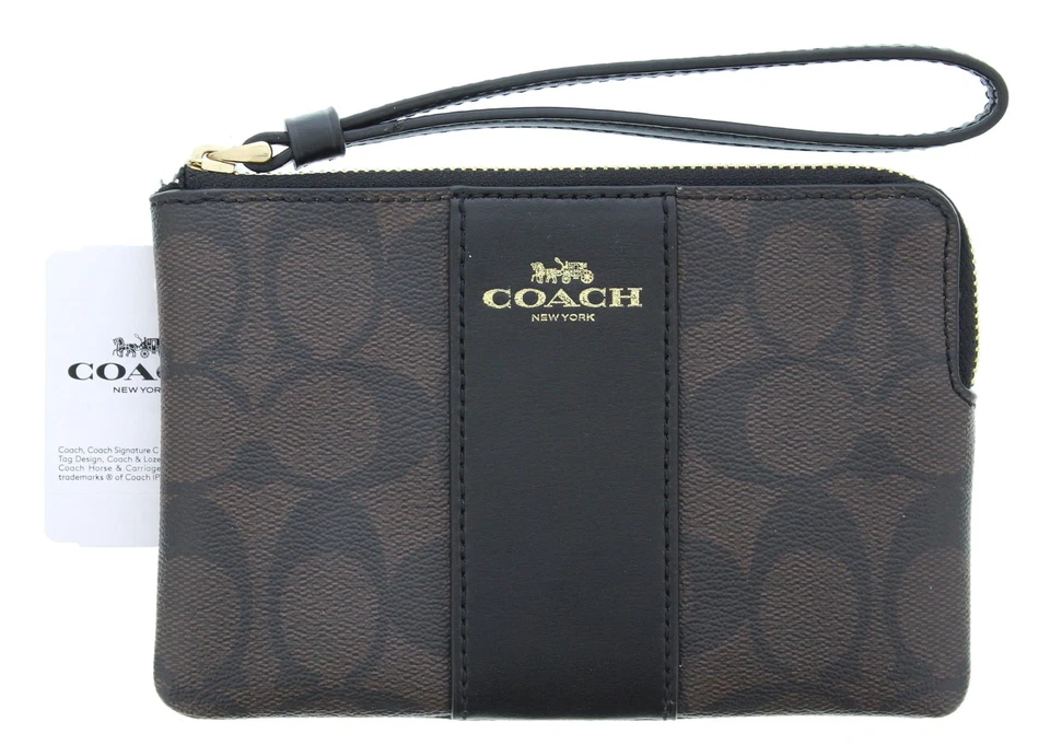Coach F58035 Corner Zip Wristlet Wallet Signature Leather Brown Black 78