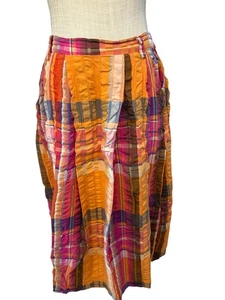 Anthropologie XS Crinkle Plaid Midi Rock Multicolor Lightweight Cotton Blend El - Bild 1 von 10