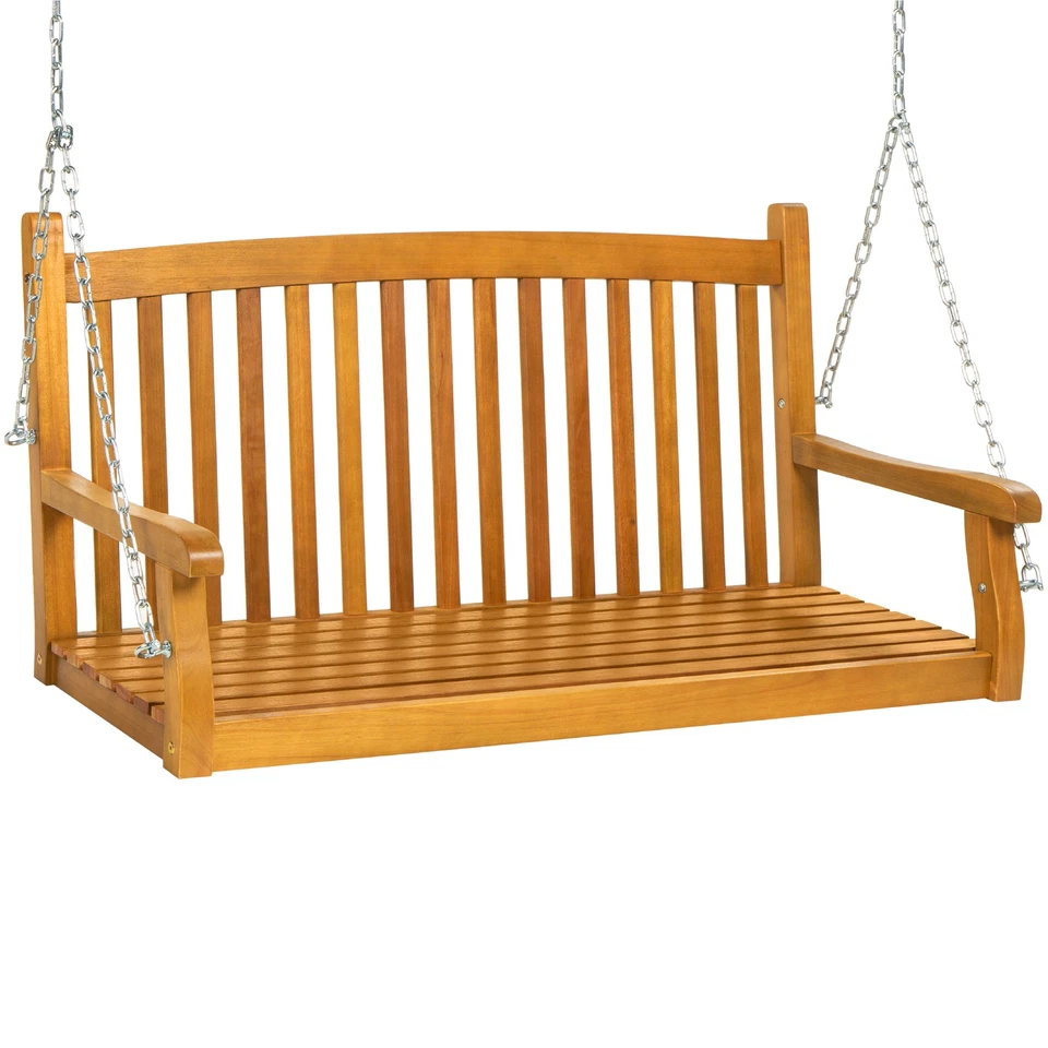 Wooden Curved Back Hanging Porch Swing Bench w/ Mounting Chains - 48in - Image 1 of 1
