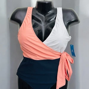 CUPSHE Women's 1 Piece Swimsuit Wrap Color Block Side Tie Size S Coral Navy Wht - Picture 1 of 3