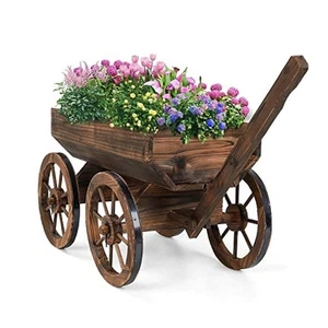Wood Wagon Planter for Outdoor Balcony Decor - Garden Rustic Wooden Flower - Picture 1 of 7