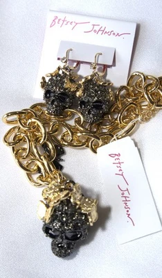Betsey Johnson Halloween Skull & Butterfly Necklace & Earrings Rhinestones NWT - Image 1 of 4