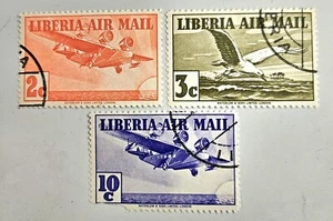 Liberia VINTAGE 1938 Aviation 2C, 3C, & 10-Cent Stamps, Used, Good, #C5, C6, C9. - Picture 1 of 5