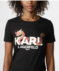 Karl Lagerfeld Paris Womens Lunar New Year Dragon Tee M Black Graphic Logo Loose - Picture 1 of 11