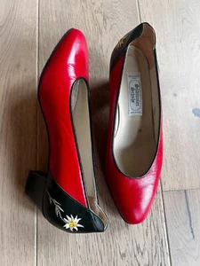 Vintage Stutvoet Schuhe Italian Leather Heels – Red & Green Edelweiss Embroidere - Picture 1 of 13