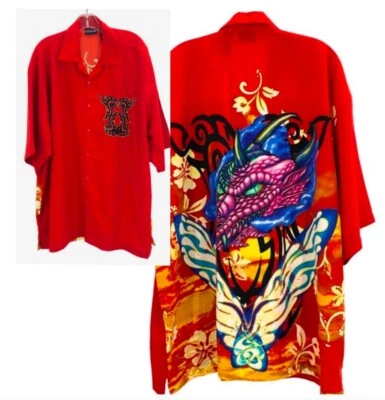 Camisa Wingo 2X Dragon Back Gráfico Rojo Poliéster Manga Corta Hombre Botón Foto 1 de 4