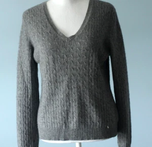 Marina Luna 100% Cashmere V Neck Sweater Size Large Gray Cable Knit Jumper - Picture 1 of 20