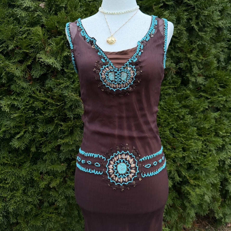 Vestido Zoe D. Cuentas XS - Vestido de Cóctel Marrón Transparente Turquesa Cuentas a Mano Y2K  Foto 1 de 4