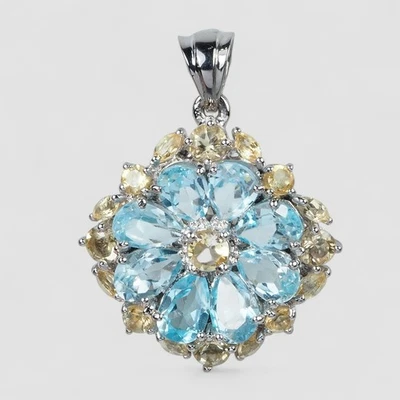 PINGENTES DE PRATA ESTERLINA 925 DESIGN FLORAL FEITOS À MÃO JOIAS AZUL MAR ÁGUA-MARINHA - Imagem 1 de 4