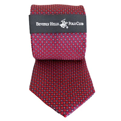 Gravata masculina Beverly Hills polo clube vermelho azul jacquard estampa geométrica 100% seda - Imagem 1 de 4
