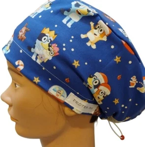 Nurses Bluey Christmas, cotton long hair scrub cap, scrub hat. Handmade Aust - Picture 1 of 14